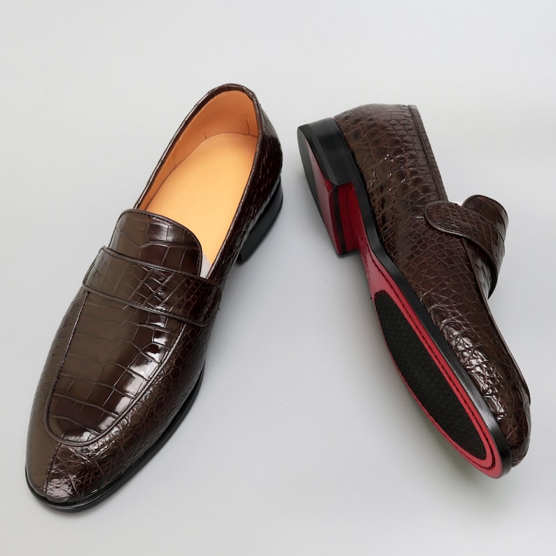Men's Alligator Penny Loafers, Handmade Genuine Leather Slip-On Dress Shoes, Lightweight Black & Dark Brown Brown