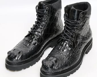 Men's Black Alligator Combat Boots, Genuine Exotic Leather Lace-Up Footwear