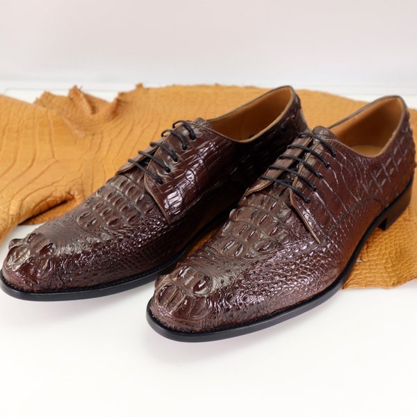 Genuine Leather Men’s Derby Perforated Lace-Up Shoes Dark Brown Alligator Men Shoes Size 7-14US #892