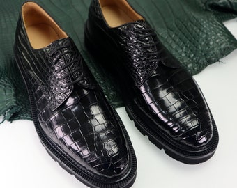 Alligator Derby Shoes | Black Genuine Leather Lace-Up Brogues