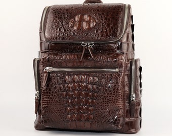 Handcrafted Leather Backpack Shoulder Bag Travel Alligator Bag Backpack Shoulde Black, Dark Brown