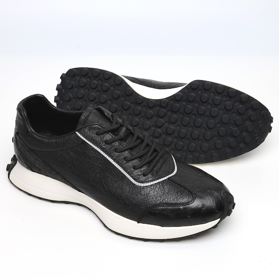 Men\'s    AVESTRUZ Black Leather Casual Lace-Up Shoes Amazon.com | Authentic Real Ostrich Skin Clear Black Mid Top  main image 2