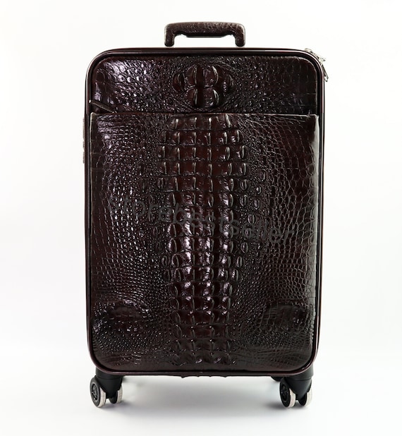 Handcrafted Leather Luggage Bag Alligator Travel Suitecase Black, Dark Brown