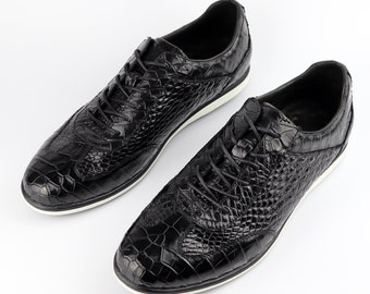 Ręcznie robione czarne buty ze skóry aligatora | Nowoczesne trampki dla mężczyzn | Styl uliczny, rozmiar 7-11, US #833