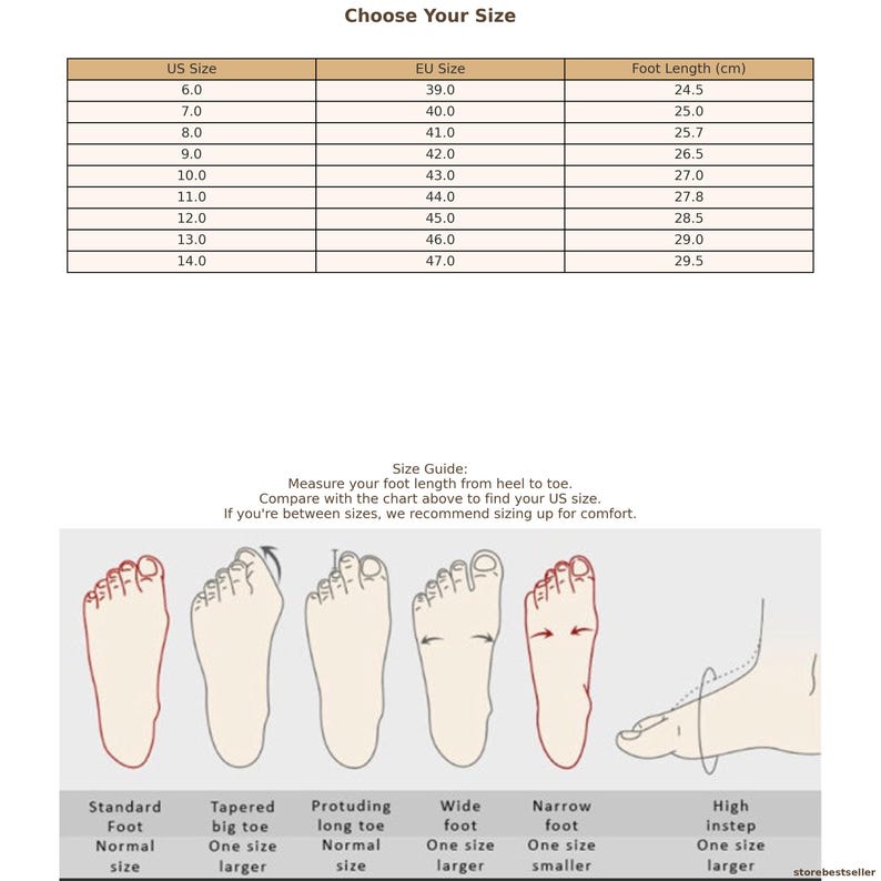 May include: A chart showing US shoe sizes, EU shoe sizes, and corresponding foot lengths in centimeters. The chart is titled "Choose Your Size".  The chart also includes a size guide with illustrations of different foot shapes and descriptions of how to determine the correct shoe size.