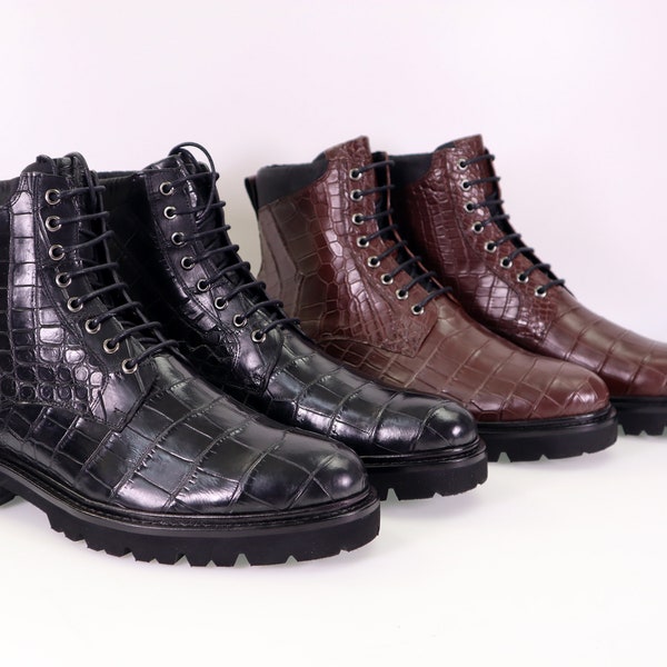 Genuine Leather Men’s Boots Black Alligator Men Shoes, Casual Alligator Leather Wingtip Lace Up Boots Size 7-12US #831