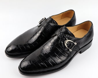 Genuine Leather Men’s Monk Strap Slip-On Loafer Formal Business Dress Shoes Black, Dark Brown Alligator Men Shoes Size 7-14US #836