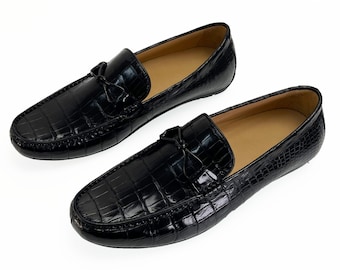 Schwarze Herren-Slipper aus echtem Leder mit Alligator-Muster, Größen 7-11 US #859
