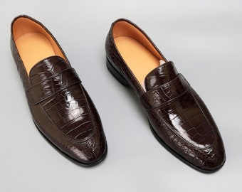 Penny Loafer für Herren aus Alligatorleder, handgefertigte Slipper aus echtem Leder, leicht, schwarz & dunkelbraun