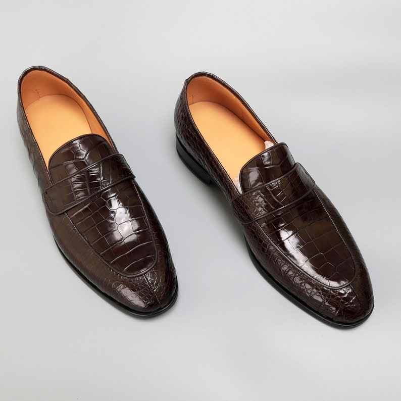 Men's Alligator Penny Loafers, Handmade Genuine Leather Slip-On Dress Shoes, Lightweight Black & Dark Brown image 1