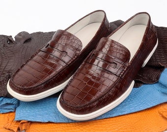 Handmade Alligator Slip-On Sneakers, Mens Casual Shoes Green, Black, Blue, Dark Brown Leather Men Shoes Size 7-11US