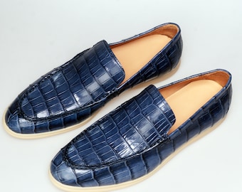 Men's Alligator Moccasins, Handmade Driving Loafers, Casual Slip-On Shoes in Blue, Black, Brown, Green (US 7-14)