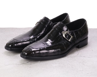 Genuine Leather Monk Strap Loafers: Black Alligator Dress Shoes