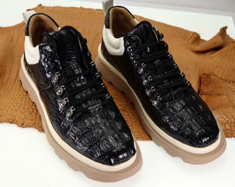 Handmade Genuine Leather Men Sneaker, Mens Casual Shoes, Casual Footwear, Stylish Men Sneakers, Black Alligator Men Shoes Size 7-11US