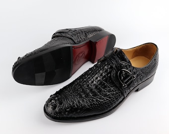 Mocassini da uomo in vera pelle con cinturino Monk, slip-on, formali, eleganti, da lavoro, in alligatore nero, taglia 7-11 US #835