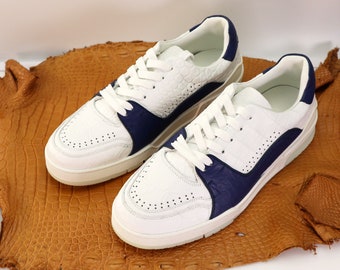 Handmade Genuine Leather Men Sneaker, Mens Casual Shoes, Casual Footwear, Stylish Men Sneakers, White Alligator Men Shoes Size 7-11US