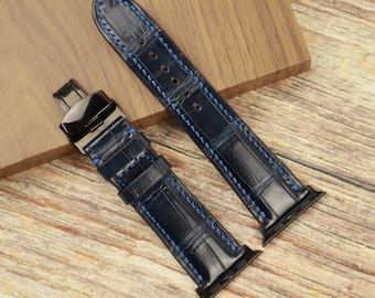 Bracelet de montre en alligator bleu Navi pour Apple iWatch, 100 % fait main à partir de cuir véritable série 7 6 5 4 3 2 1 SE, 38/40, 42/44 mm