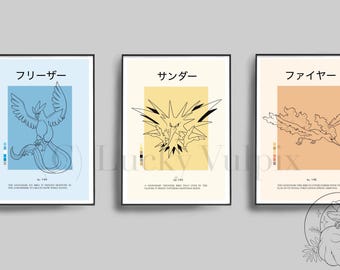Pokemon Celestial Legendary Zapdos Articuno und Moltres Pokedex Modern Poster Prints