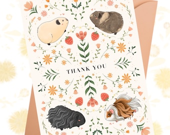 Meerschweinchen Danke A6 Floral illustrierte Grußkarte