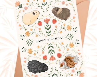 Meerschweinchen alles Gute zum Geburtstag illustrierte Grußkarte mit Blumen