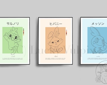 Pokemon Starter Galar Grookey Scorbunny Sobble Pokedex Moderne Poster Prints