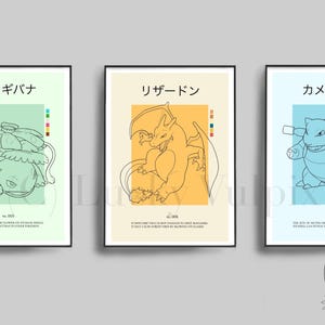 May include: Three framed art prints featuring Pokémon illustrations. Each print has a different Pokémon design in a line art style with Japanese text at the top. The backgrounds are pastel colors with a color palette on the right.