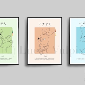 May include: Three framed art prints with Pokémon illustrations. Each print has a different background colour: light green, peach, and light blue. Japanese text and English text are included on each print. The prints are in black frames.