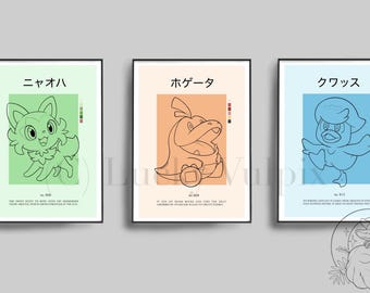 Pokemon Starter Paldea Sprigatito Fuecoco Quaxly Pokedex Moderne Poster Prints