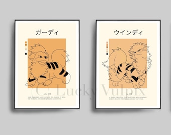 Pokemon Growlithe & Arcanine Pokedex Minimalist Modern Poster Prints