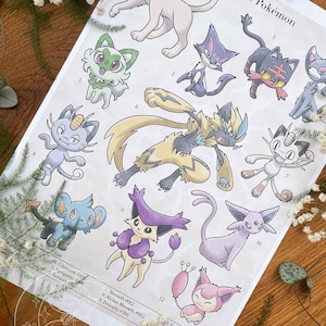 Pokémon encyclopedische aquarelafdrukken kat en hond