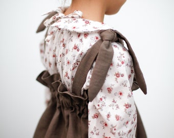 Girls strap dress in brown linen, Linen suspender dress CONSTANCE, Toddler Linen Dress with Shoulder Straps, Girls Tie Shoulder Sundress