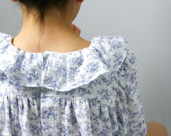 Floral Muslin blouse for girl 1-2Y : ORGANIC cotton long sleeve collared shirt for toddler