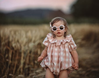 Romper bebé Gingham FLEUR, Romper cuello volante para niño pequeño, Romper burbuja de manga abullonada, Romper verano estilo retro, Romper niño rosa