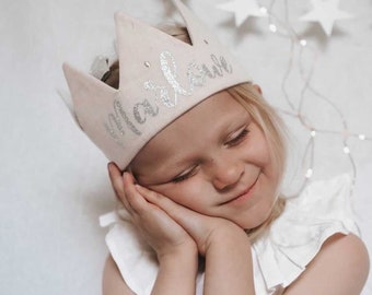 Children's Birthday Crown . Personalise with Age or Name . Fabric Crown . Powder pink & embroidered polka dots