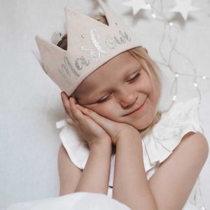 Children's Birthday Crown . Personalise with Age or Name . Fabric Crown . Powder pink & embroidered polka dots image 1