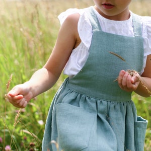 Sage green dress, Green Linen dress for girl, Linen apron dress, Toddler Easter dress, Girls spring dress, Cottagecore dress for girl image 5