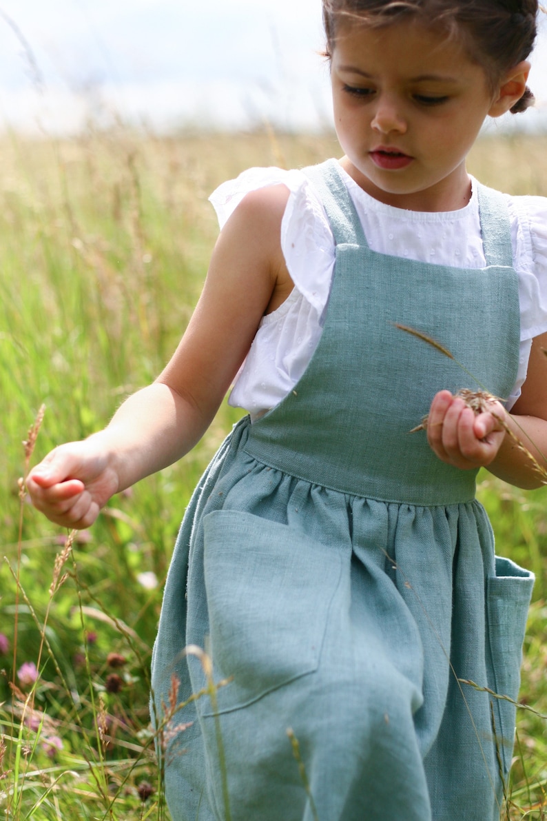 Sage green dress, Green Linen dress for girl, Linen apron dress, Toddler Easter dress, Girls spring dress, Cottagecore dress for girl image 5