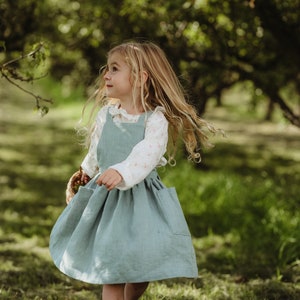 Sage green dress, Green Linen dress for girl, Linen apron dress, Toddler Easter dress, Girls spring dress, Cottagecore dress for girl image 2