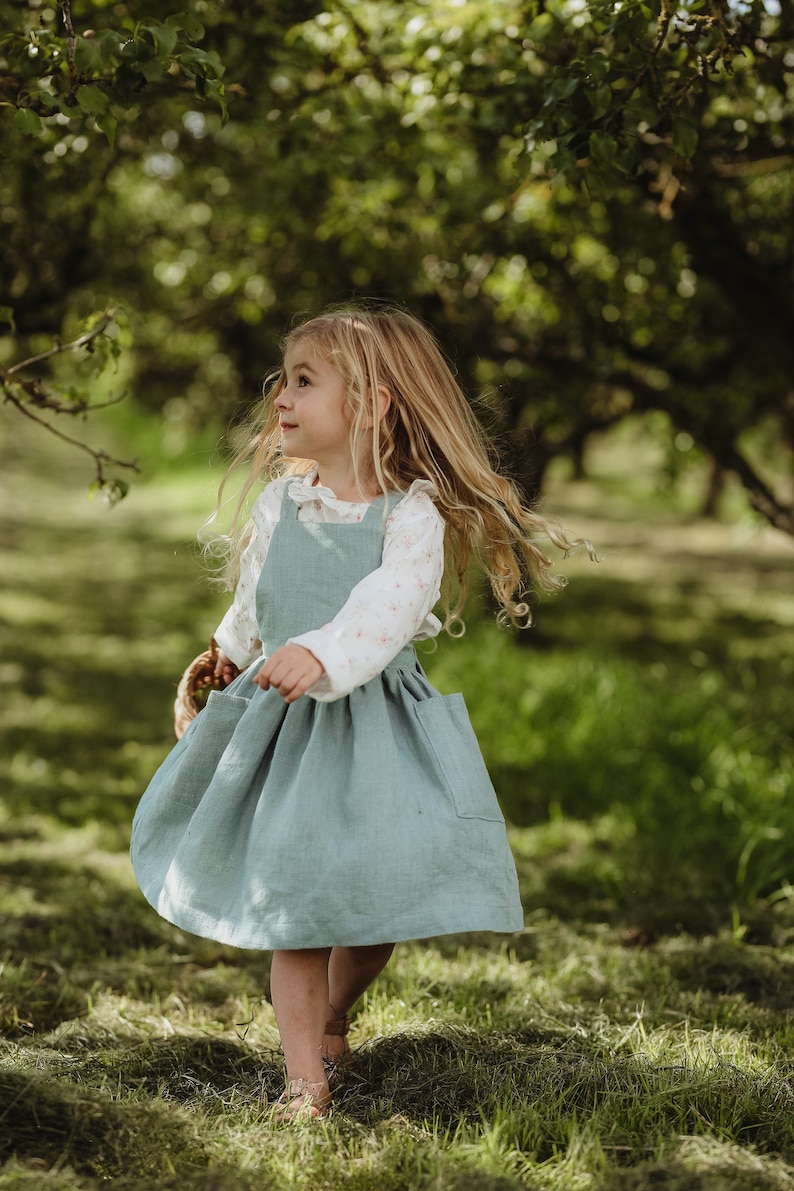 Sage green dress, Green Linen dress for girl, Linen apron dress, Toddler Easter dress, Girls spring dress, Cottagecore dress for girl image 2