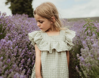 Sage green flower girl dress, Gingham dress for girl, Flower girl dress boho, green and white flower girl dress, Flutter sleeve dress