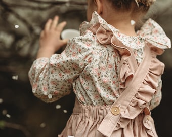 Handmade Linen Pinafore with Ruffled Cross Back for Girl and Toddler 2-10Y : Cottagecore style Blush Pink Apron Dress, 7 COLOURS
