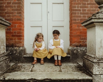 Ready-to-ship 3-4yrs Jeanne Dress in mustard linen . Girls washed linen pinafore dress . Girls apron dress