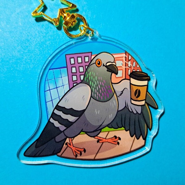 Pigeon with Coffee City Acrylic Keychain