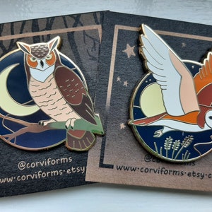 Barn Owl & Great Horned Owl hard enamel pins glow-in-the-dark