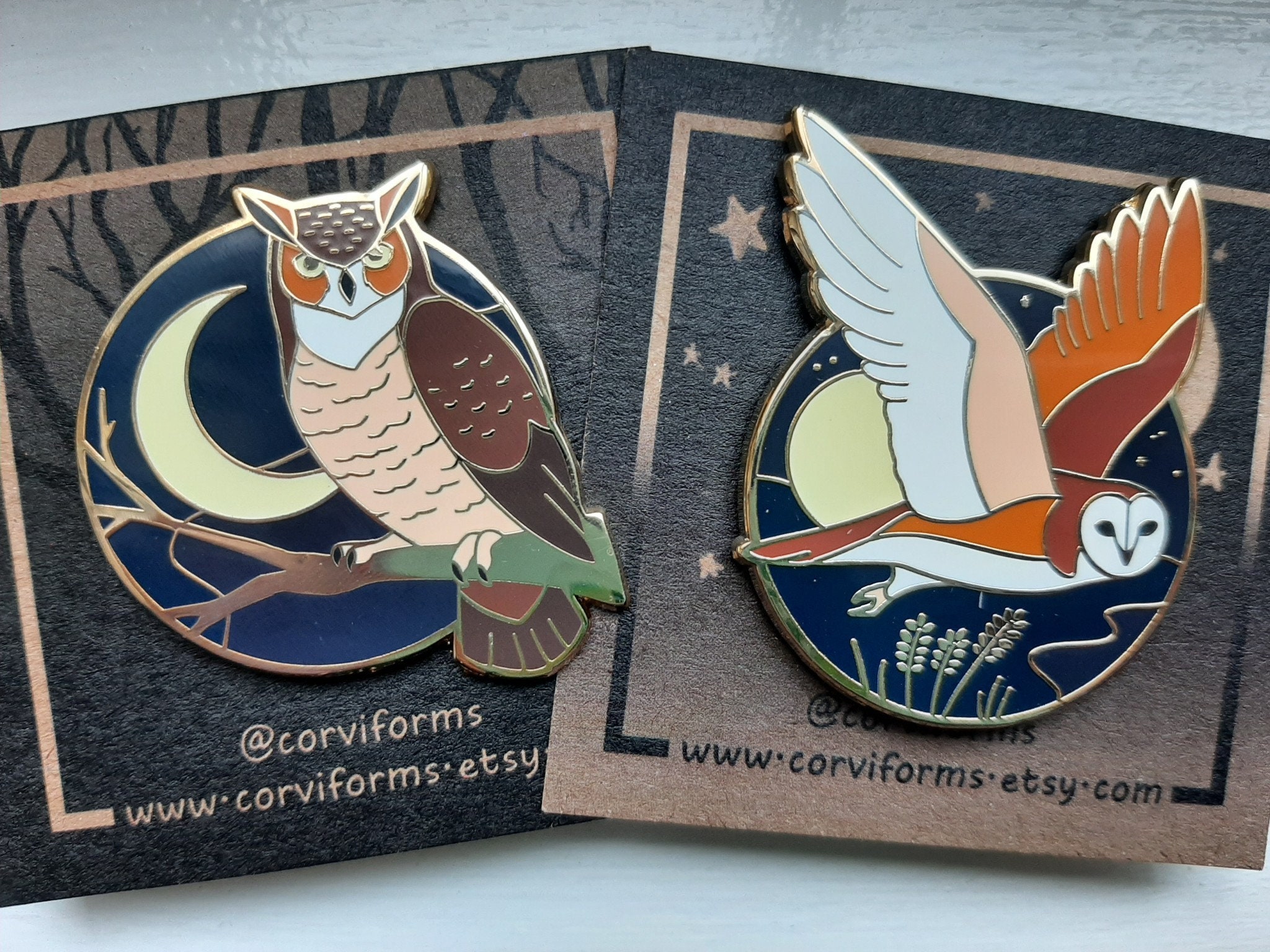 Barn Owl & Great Horned Owl hard enamel pins glow-in-the-dark