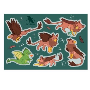 May include: A set of seven stickers featuring mythical creatures. The stickers are on a green background and feature a griffin, a dragon, and a phoenix. The stickers are all in a cartoon style and have a whimsical feel.