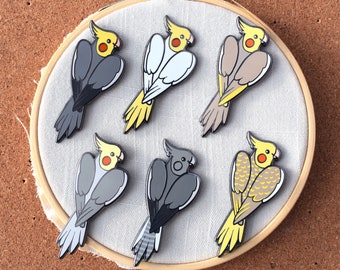 Cockatiel Hard Enamel Pin - Lutino, Cinnamon, Pied, Silver, Grey