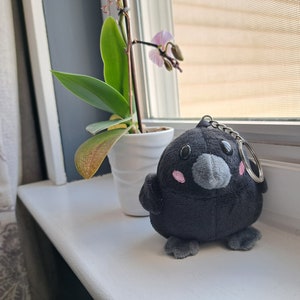 May include: A black plush crow keyring with pink cheeks and a grey beak. The keyring is sitting on a white windowsill next to a potted orchid plant.