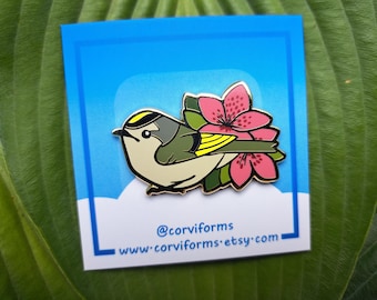 Golden Crowned Kinglet x Azalea Enamel Pin
