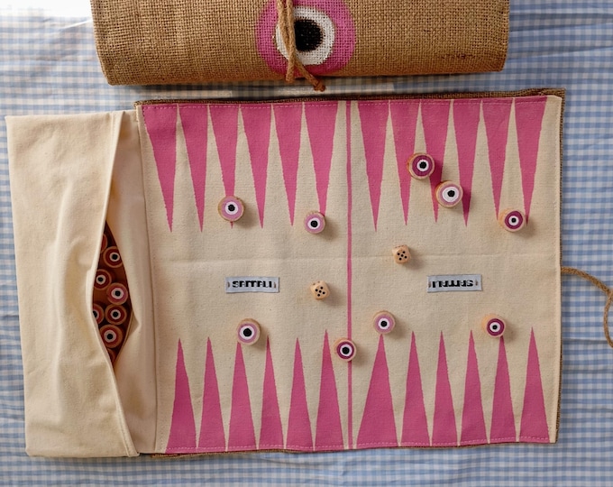pink evil eye roll backgammon,  greek tavli